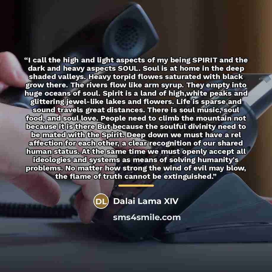 “I call the high and light aspects of my being SPIRIT and the dark and heavy aspects SOUL. Soul is at home in the deep shaded valleys. Heavy torpid flowes saturated with black grow there. The rivers flow like arm syrup. They empty into huge oceans of soul. Spirit is a land of high,white peaks and…” quote by Dalai Lama XIV