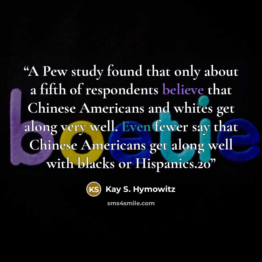 “A Pew study found that only about a fifth of respondents believe that Chinese Americans and whites get along very well. Even fewer say that Chinese Americans get along well with blacks or Hispanics.20” quote by Kay S. Hymowitz