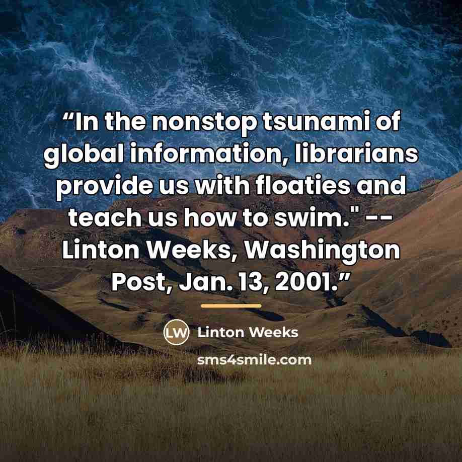 “In the nonstop tsunami of global information, librarians provide us with floaties and teach us how to swim." -- Linton Weeks, Washington Post, Jan. 13, 2001.” quote by Linton Weeks