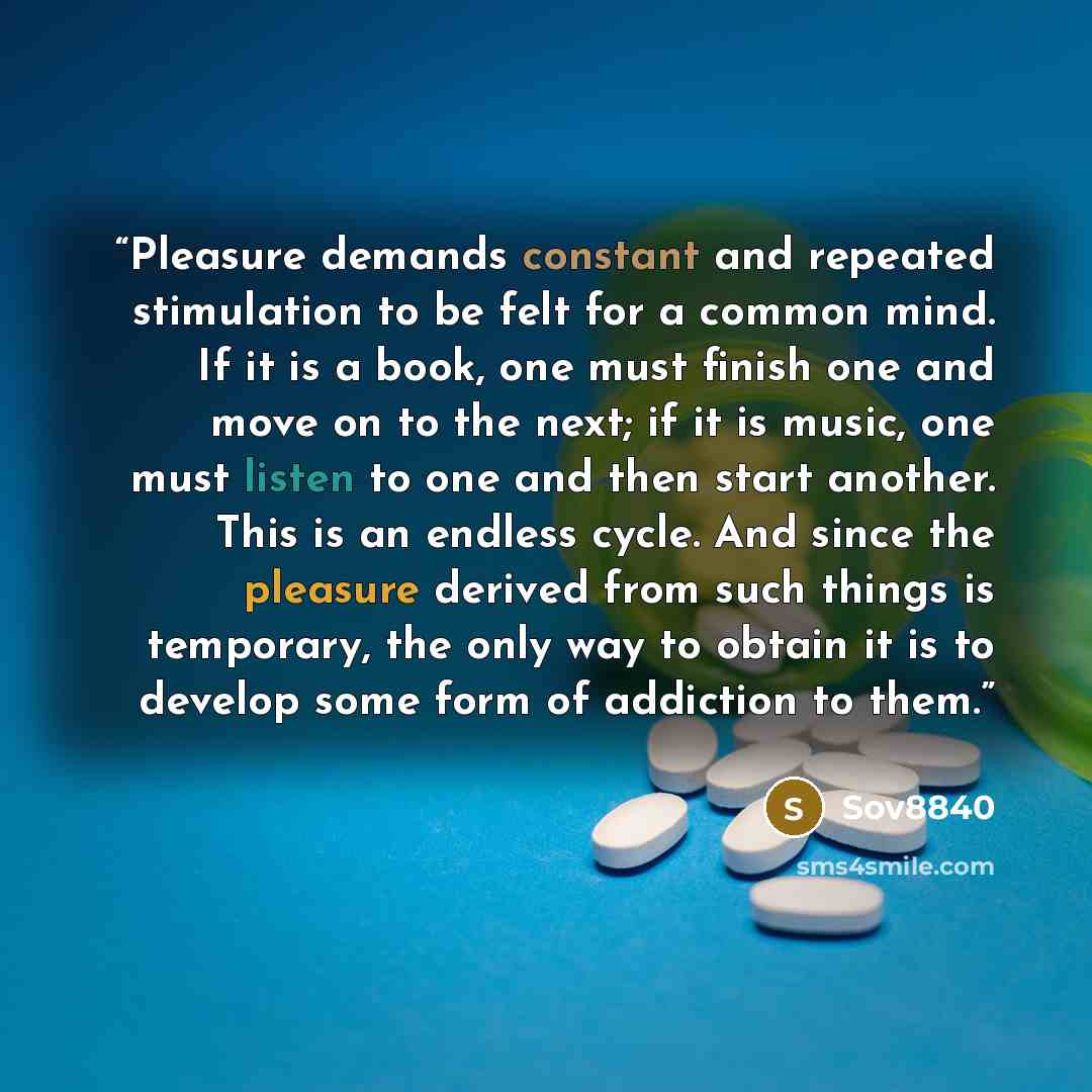 “Pleasure demands constant and repeated stimulation to be felt for a common mind. If it is a book, one must finish one and move on to the next; if it is music, one must listen to one and then start another. This is an endless cycle. And since the pleasure derived from such things is temporary, the…” quote by Sov8840