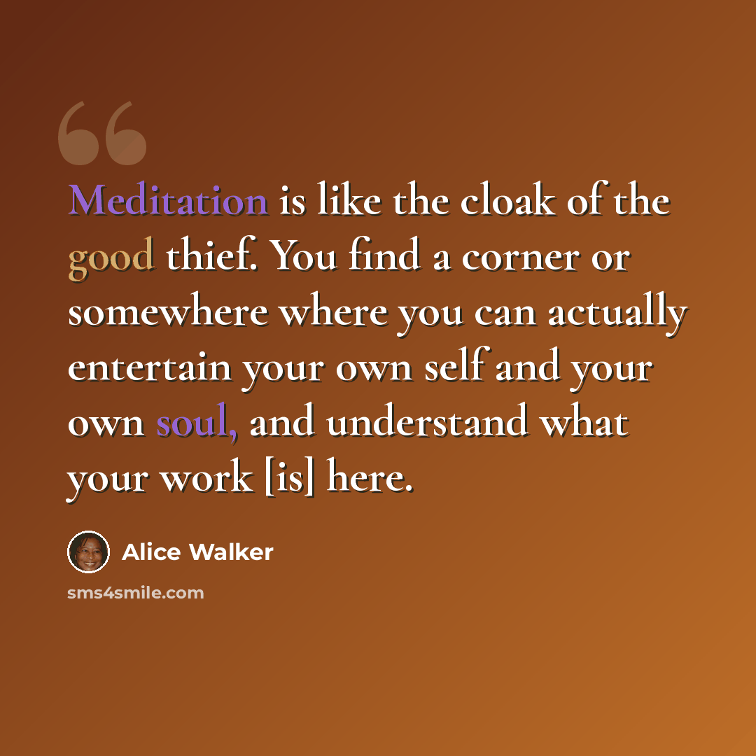 “Meditation is like the cloak of the good thief. You find a corner or somewhere where you can actually entertain your own self and your own soul, and understand what your work [is] here.” quote by Alice Walker