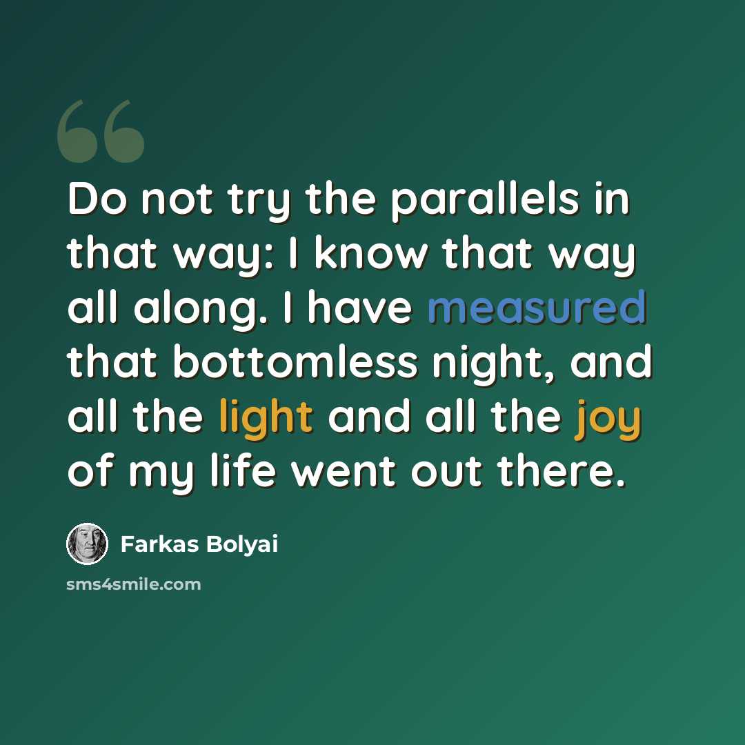 “Do not try the parallels in that way: I know that way all along. I have measured that bottomless night, and all the light and all the joy of my life went out there.” quote by Farkas Bolyai