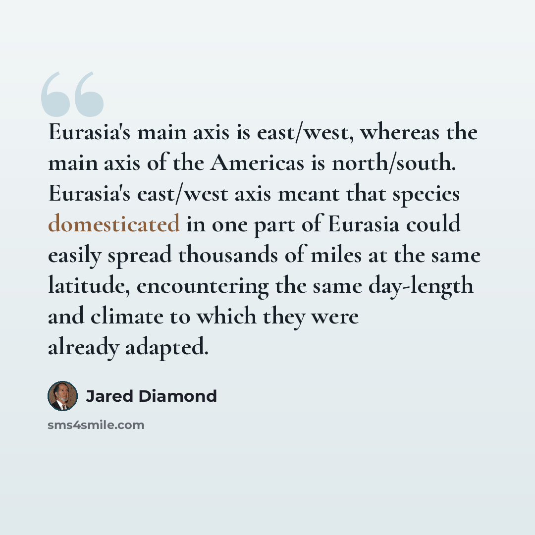 “Eurasia's main axis is east/west, whereas the main axis of the Americas is north/south. Eurasia's east/west axis meant that species domesticated in one part of Eurasia could easily spread thousands of miles at the same latitude, encountering the same day-length and climate to which they were…” quote by Jared Diamond