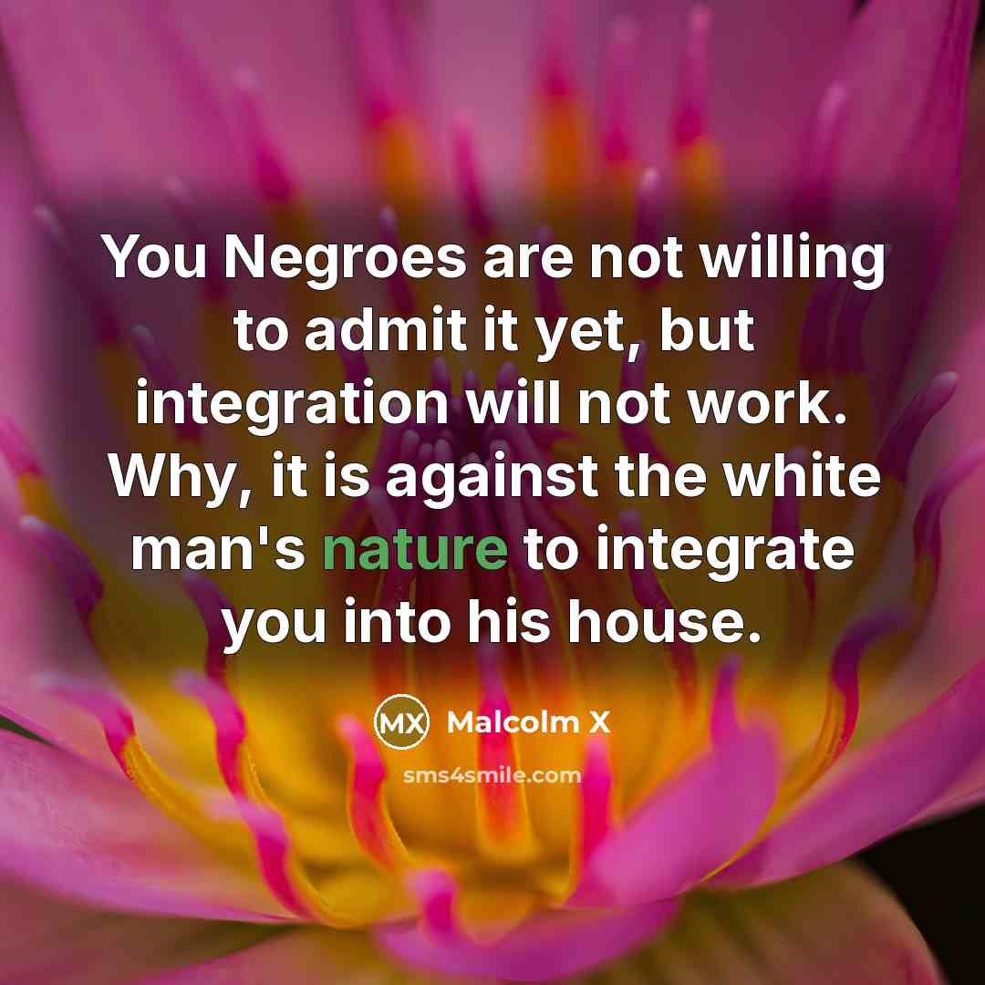 “You Negroes are not willing to admit it yet, but integration will not work. Why, it is against the white man's nature to integrate you into his house.” quote by Malcolm X