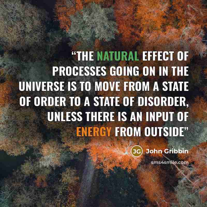 “The natural effect of processes going on in the Universe is to move from a state of order to a state of disorder, unless there is an input of energy from outside” quote by John Gribbin