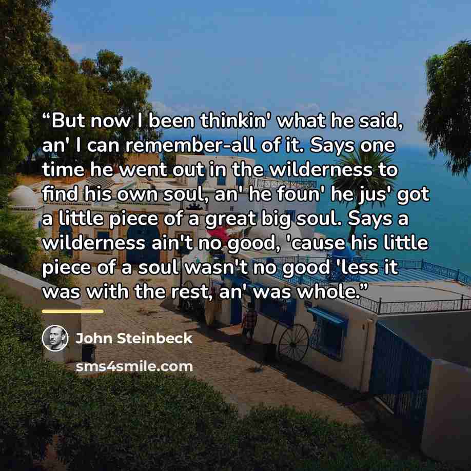 “But now I been thinkin' what he said, an' I can remember-all of it. Says one time he went out in the wilderness to find his own soul, an' he foun' he jus' got a little piece of a great big soul. Says a wilderness ain't no good, 'cause his little piece of a soul wasn't no good 'less it was with the…” quote by John Steinbeck