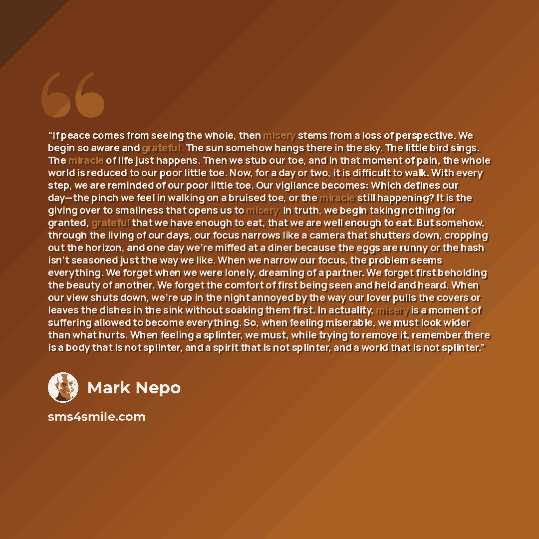“If peace comes from seeing the whole, then misery stems from a loss of perspective. We begin so aware and grateful. The sun somehow hangs there in the sky. The little bird sings. The miracle of life just happens. Then we stub our toe, and in that moment of pain, the whole world is reduced to our…” quote by Mark Nepo