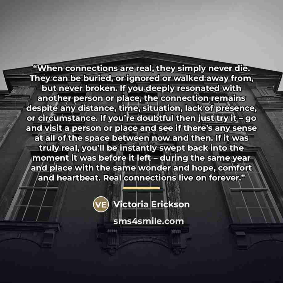 “When connections are real, they simply never die. They can be buried, or ignored or walked away from, but never broken. If you deeply resonated with another person or place, the connection remains despite any distance, time, situation, lack of presence, or circumstance. If you’re doubtful then…” quote by Victoria Erickson