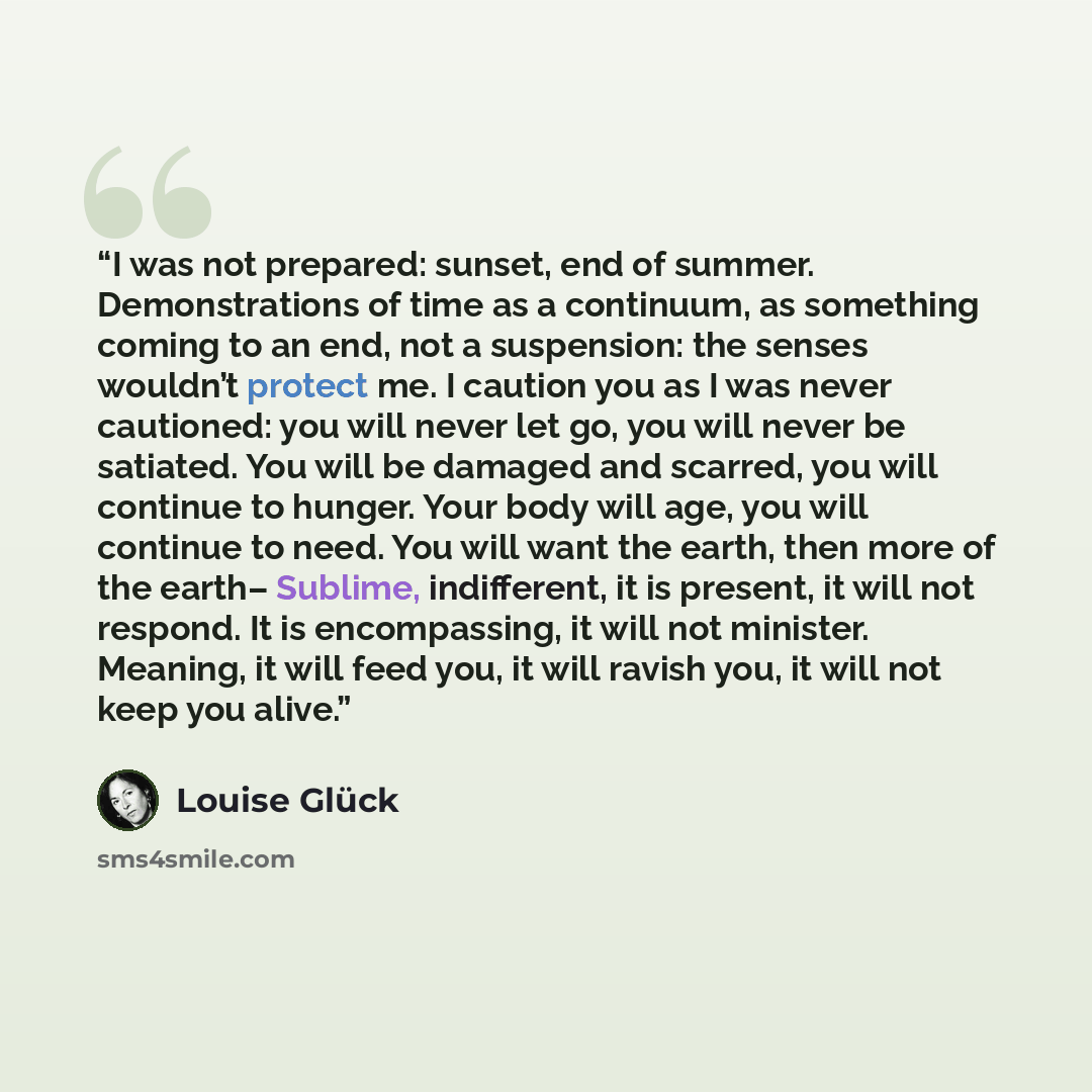 “I was not prepared: sunset, end of summer. Demonstrations of time as a continuum, as something coming to an end, not a suspension: the senses wouldn’t protect me. I caution you as I was never cautioned: you will never let go, you will never be satiated. You will be damaged and scarred, you will…” quote by Louise Glück