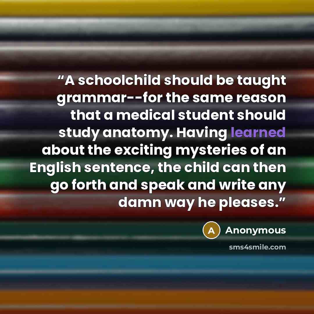 “A schoolchild should be taught grammar--for the same reason that a medical student should study anatomy. Having learned about the exciting mysteries of an English sentence, the child can then go forth and speak and write any damn way he pleases.” quote by Anonymous