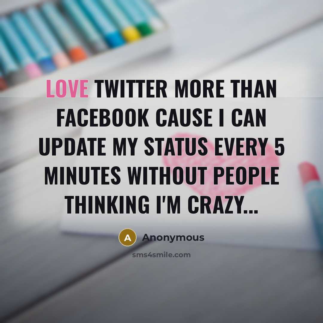 “Love Twitter more than Facebook cause I can update my status every 5 minutes without people thinking I'm crazy...” quote by Anonymous