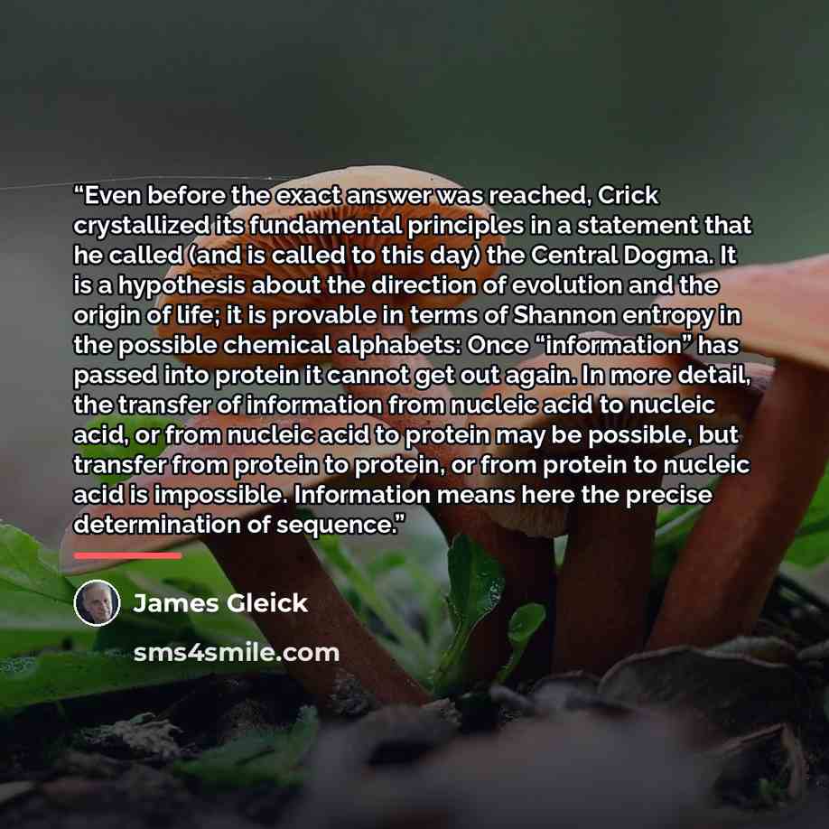 “Even before the exact answer was reached, Crick crystallized its fundamental principles in a statement that he called (and is called to this day) the Central Dogma. It is a hypothesis about the direction of evolution and the origin of life; it is provable in terms of Shannon entropy in the…” quote by James Gleick