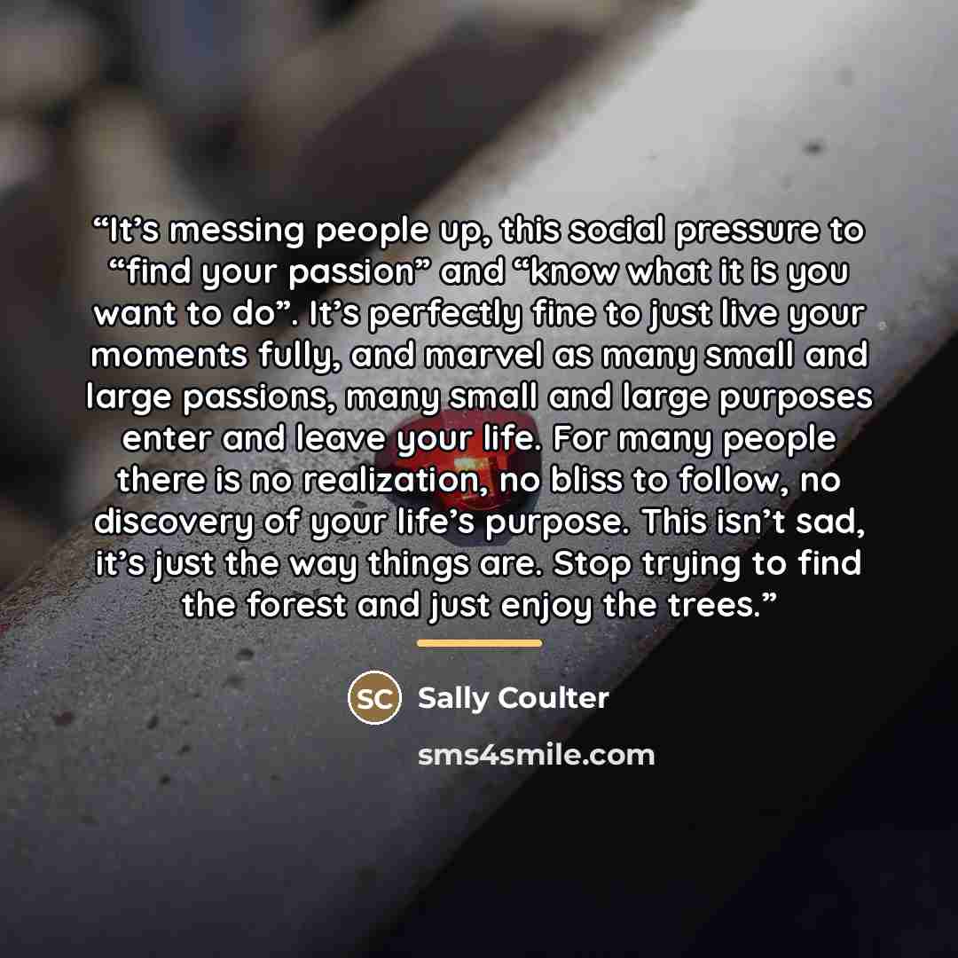 “It’s messing people up, this social pressure to “find your passion” and “know what it is you want to do”. It’s perfectly fine to just live your moments fully, and marvel as many small and large passions, many small and large purposes enter and leave your life. For many people there is no…” quote by Sally Coulter