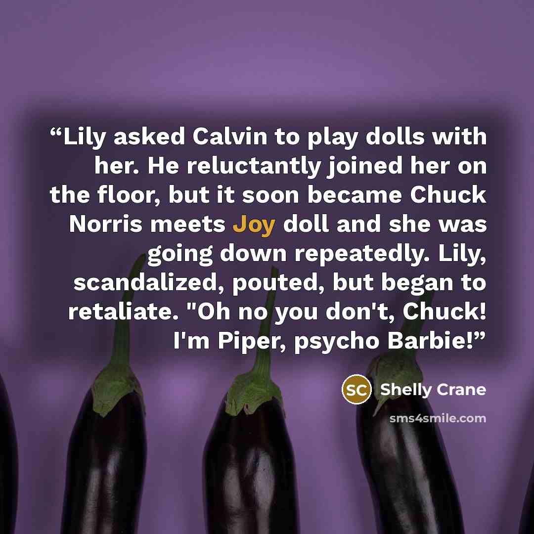 “Lily asked Calvin to play dolls with her. He reluctantly joined her on the floor, but it soon became Chuck Norris meets Joy doll and she was going down repeatedly. Lily, scandalized, pouted, but began to retaliate. "Oh no you don't, Chuck! I'm Piper, psycho Barbie!” quote by Shelly Crane