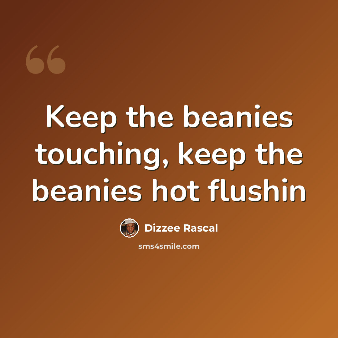 “Keep the beanies touching, keep the beanies hot flushin” quote by Dizzee Rascal