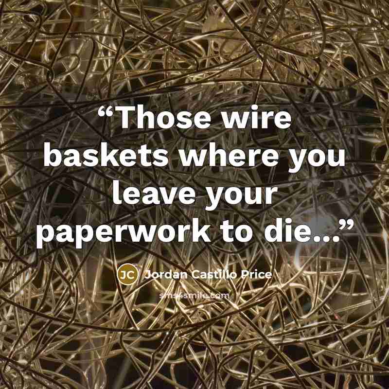 “Those wire baskets where you leave your paperwork to die...” quote by Jordan Castillo Price