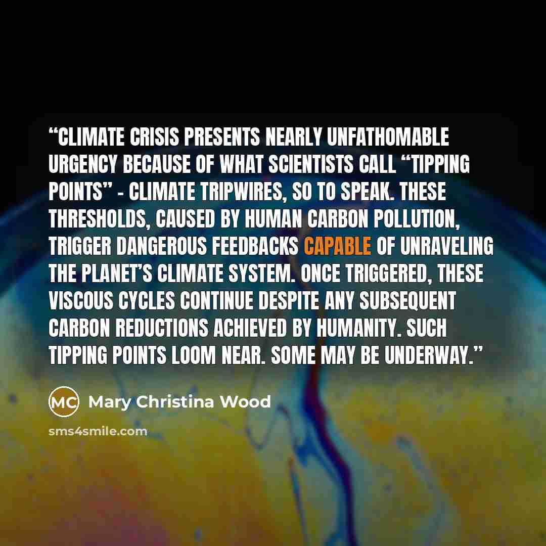 “Climate crisis presents nearly unfathomable urgency because of what scientists call “tipping points” – climate tripwires, so to speak. These thresholds, caused by human carbon pollution, trigger dangerous feedbacks capable of unraveling the planet’s climate system. Once triggered, these viscous…” quote by Mary Christina Wood