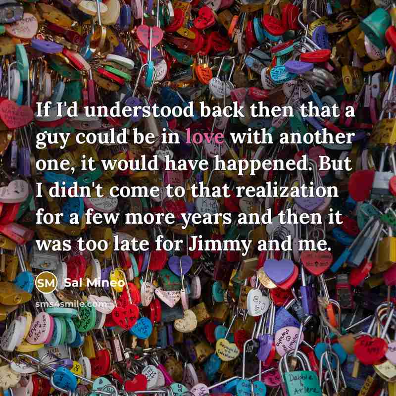“If I'd understood back then that a guy could be in love with another one, it would have happened. But I didn't come to that realization for a few more years and then it was too late for Jimmy and me.” quote by Sal Mineo
