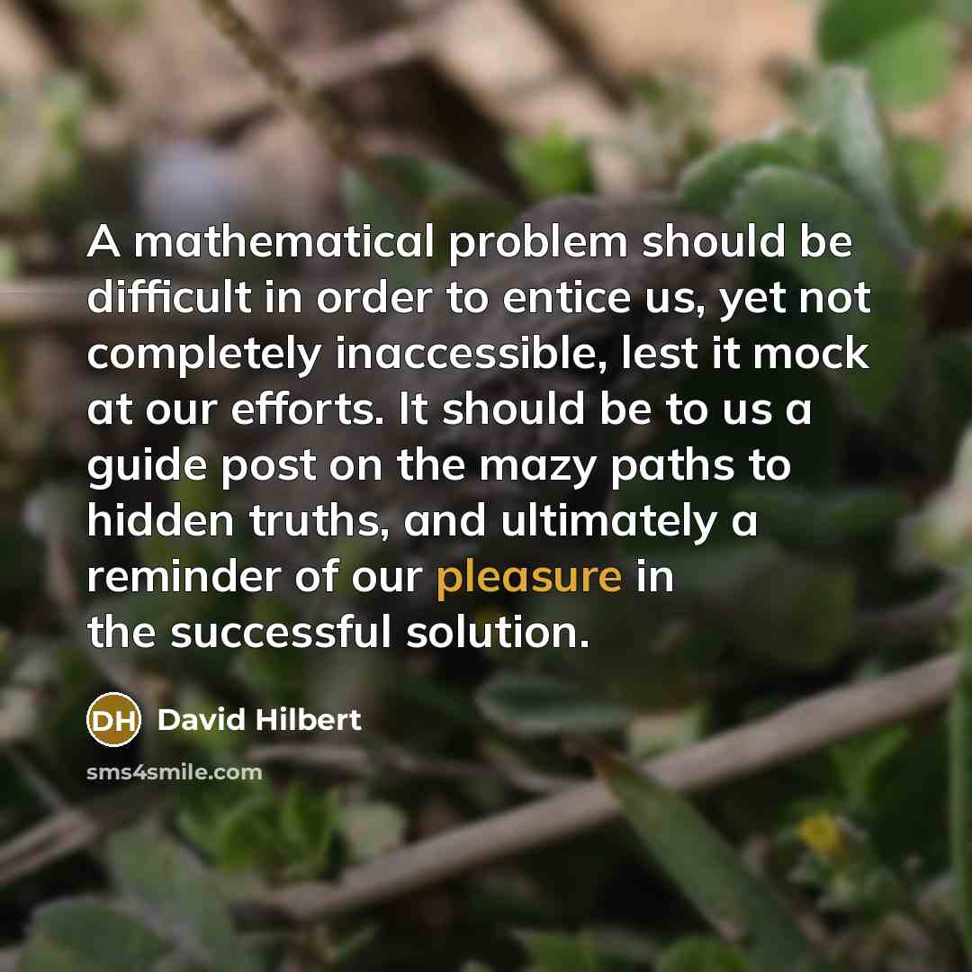 “A mathematical problem should be difficult in order to entice us, yet not completely inaccessible, lest it mock at our efforts. It should be to us a guide post on the mazy paths to hidden truths, and ultimately a reminder of our pleasure in the successful solution.” quote by David Hilbert