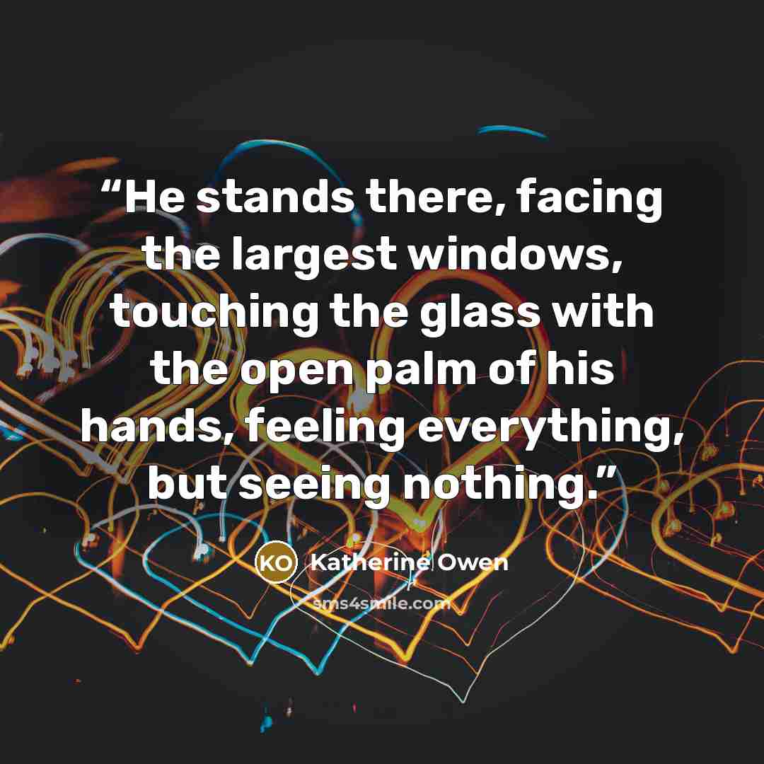 “He stands there, facing the largest windows, touching the glass with the open palm of his hands, feeling everything, but seeing nothing.” quote by Katherine Owen