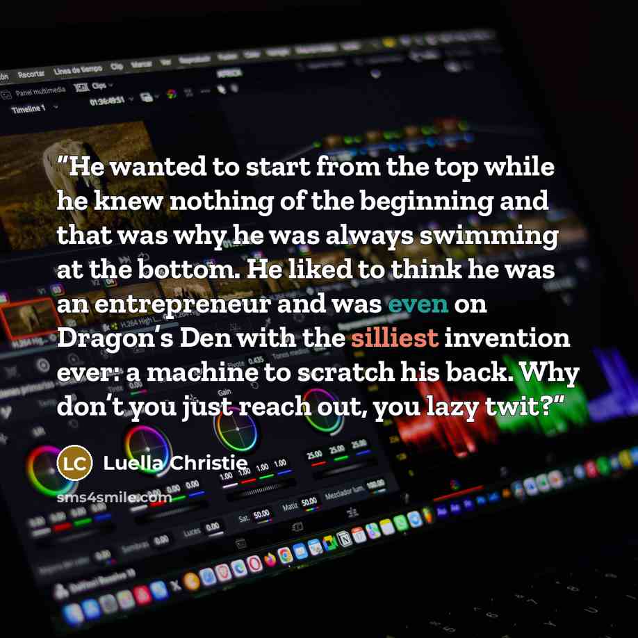 “He wanted to start from the top while he knew nothing of the beginning and that was why he was always swimming at the bottom. He liked to think he was an entrepreneur and was even on Dragon’s Den with the silliest invention ever: a machine to scratch his back. Why don’t you just reach out, you…” quote by Luella Christie