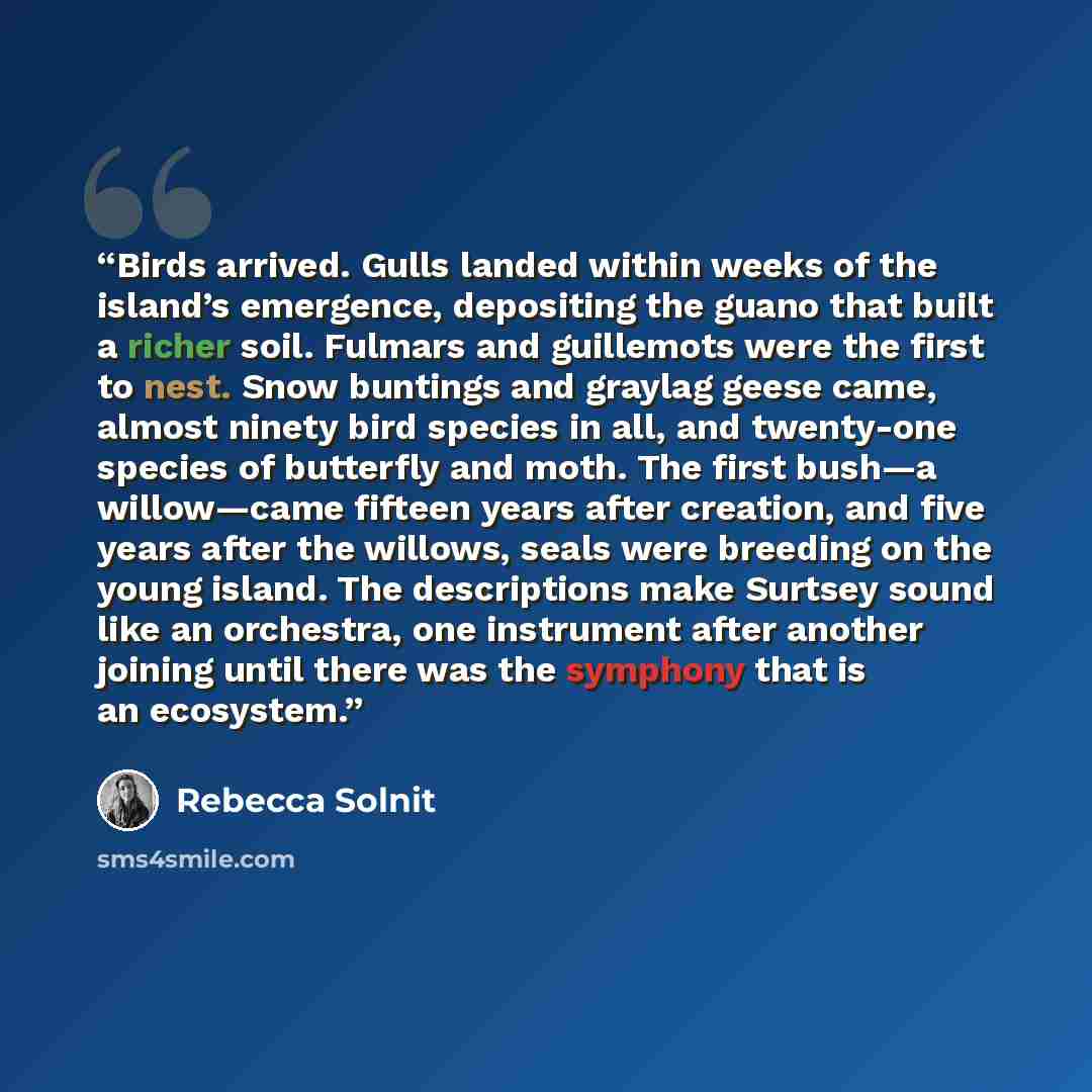 “Birds arrived. Gulls landed within weeks of the island’s emergence, depositing the guano that built a richer soil. Fulmars and guillemots were the first to nest. Snow buntings and graylag geese came, almost ninety bird species in all, and twenty-one species of butterfly and moth. The first bush—a…” quote by Rebecca Solnit