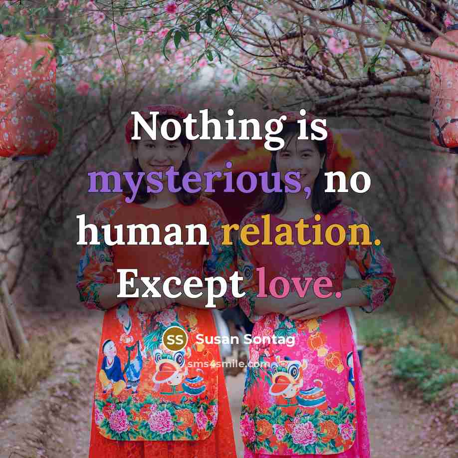 “Nothing is mysterious, no human relation. Except love.” quote by Susan Sontag