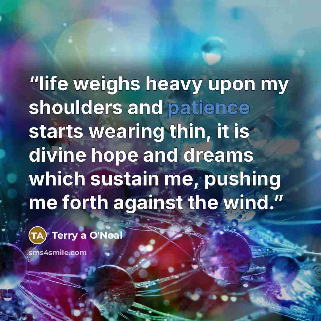 “life weighs heavy upon my shoulders and patience starts wearing thin, it is divine hope and dreams which sustain me, pushing me forth against the wind.” quote by Terry a O'Neal