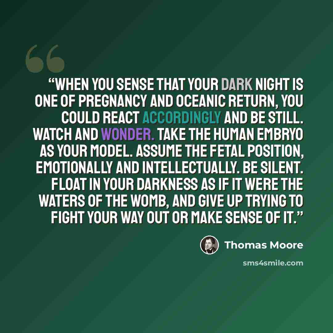 “When you sense that your dark night is one of pregnancy and oceanic return, you could react accordingly and be still. Watch and wonder. Take the human embryo as your model. Assume the fetal position, emotionally and intellectually. Be silent. Float in your darkness as if it were the waters of the…” quote by Thomas Moore