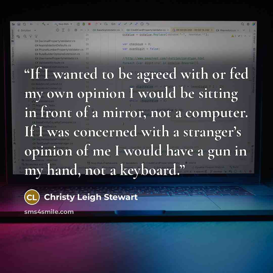 “If I wanted to be agreed with or fed my own opinion I would be sitting in front of a mirror, not a computer. If I was concerned with a stranger’s opinion of me I would have a gun in my hand, not a keyboard.” quote by Christy Leigh Stewart