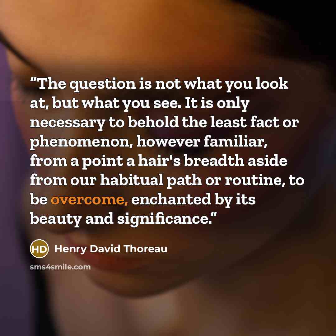 “The question is not what you look at, but what you see. It is only necessary to behold the least fact or phenomenon, however familiar, from a point a hair's breadth aside from our habitual path or routine, to be overcome, enchanted by its beauty and significance.” quote by Henry David Thoreau