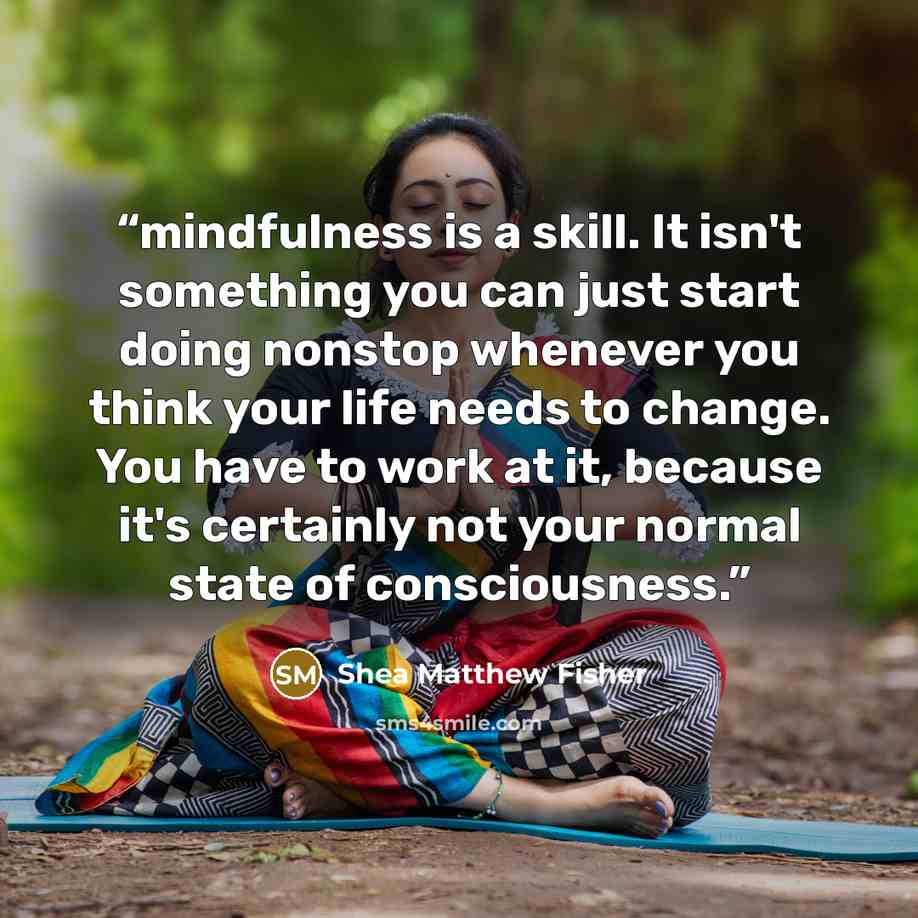 “mindfulness is a skill. It isn't something you can just start doing nonstop whenever you think your life needs to change. You have to work at it, because it's certainly not your normal state of consciousness.” quote by Shea Matthew Fisher