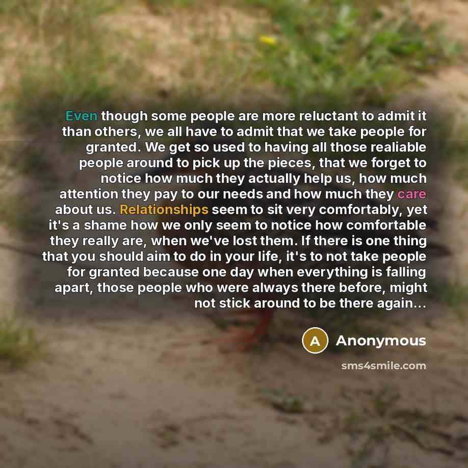 “Even though some people are more reluctant to admit it than others, we all have to admit that we take people for granted. We get so used to having all those realiable people around to pick up the pieces, that we forget to notice how much they actually help us, how much attention they pay to our…” quote by Anonymous