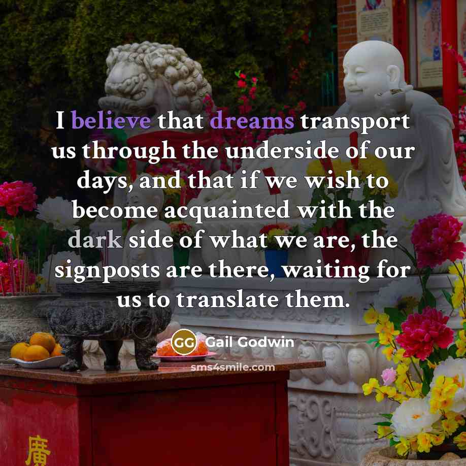 “I believe that dreams transport us through the underside of our days, and that if we wish to become acquainted with the dark side of what we are, the signposts are there, waiting for us to translate them.” quote by Gail Godwin