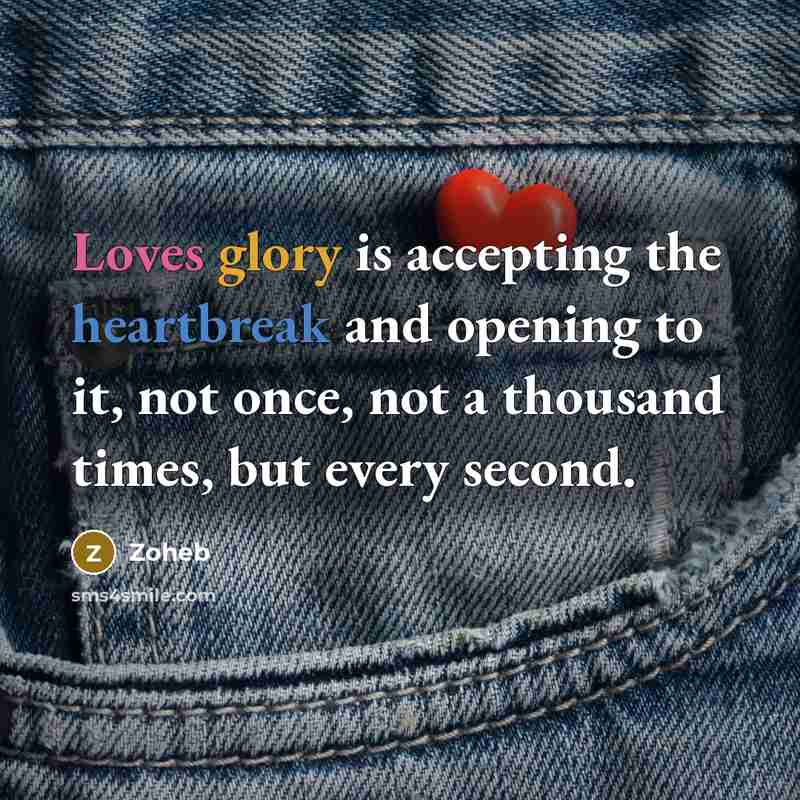 “Loves glory is accepting the heartbreak and opening to it, not once, not a thousand times, but every second.” quote by Zoheb