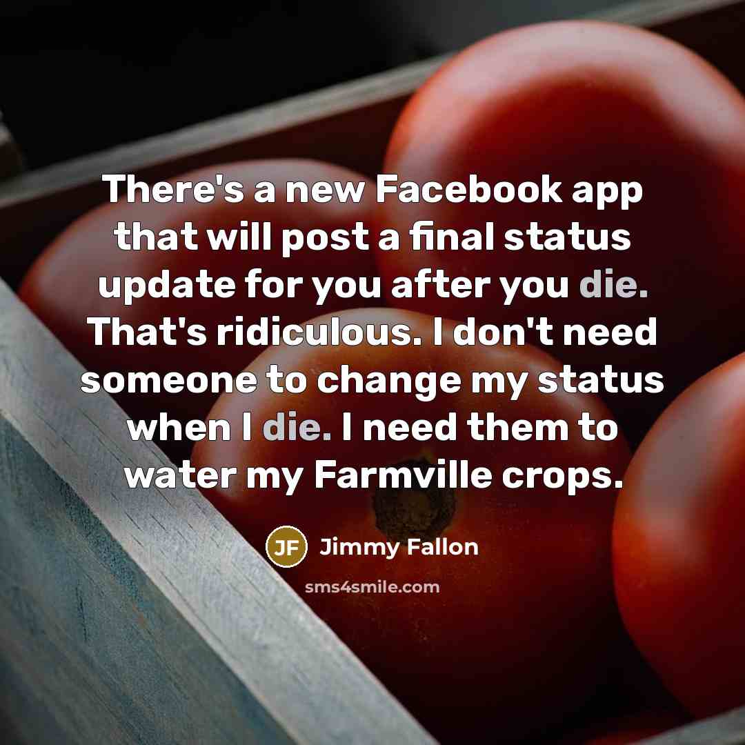 “There's a new Facebook app that will post a final status update for you after you die. That's ridiculous. I don't need someone to change my status when I die. I need them to water my Farmville crops.” quote by Jimmy Fallon