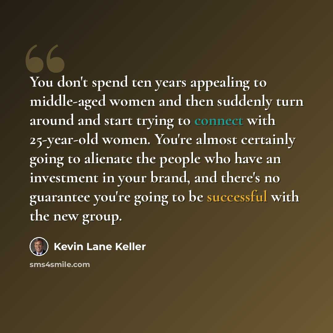 “You don't spend ten years appealing to middle-aged women and then suddenly turn around and start trying to connect with 25-year-old women. You're almost certainly going to alienate the people who have an investment in your brand, and there's no guarantee you're going to be successful with the new…” quote by Kevin Lane Keller