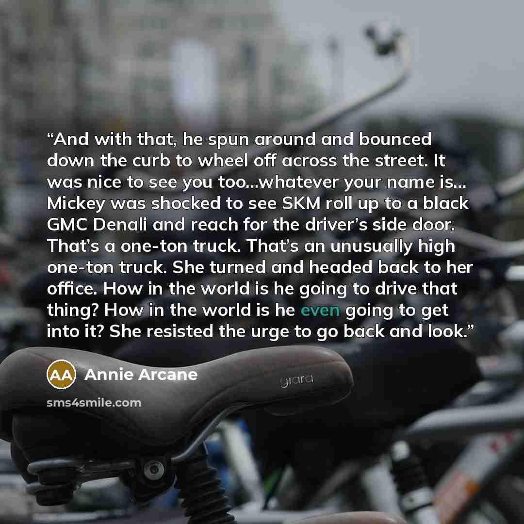 “And with that, he spun around and bounced down the curb to wheel off across the street. It was nice to see you too…whatever your name is… Mickey was shocked to see SKM roll up to a black GMC Denali and reach for the driver’s side door. That’s a one-ton truck. That’s an unusually high one-ton…” quote by Annie Arcane