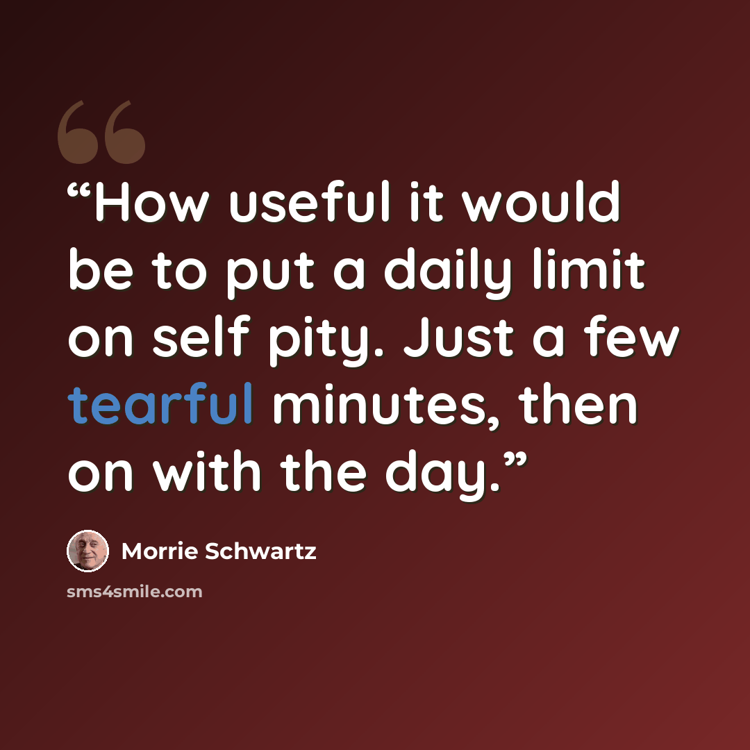 “How useful it would be to put a daily limit on self pity. Just a few tearful minutes, then on with the day.” quote by Morrie Schwartz