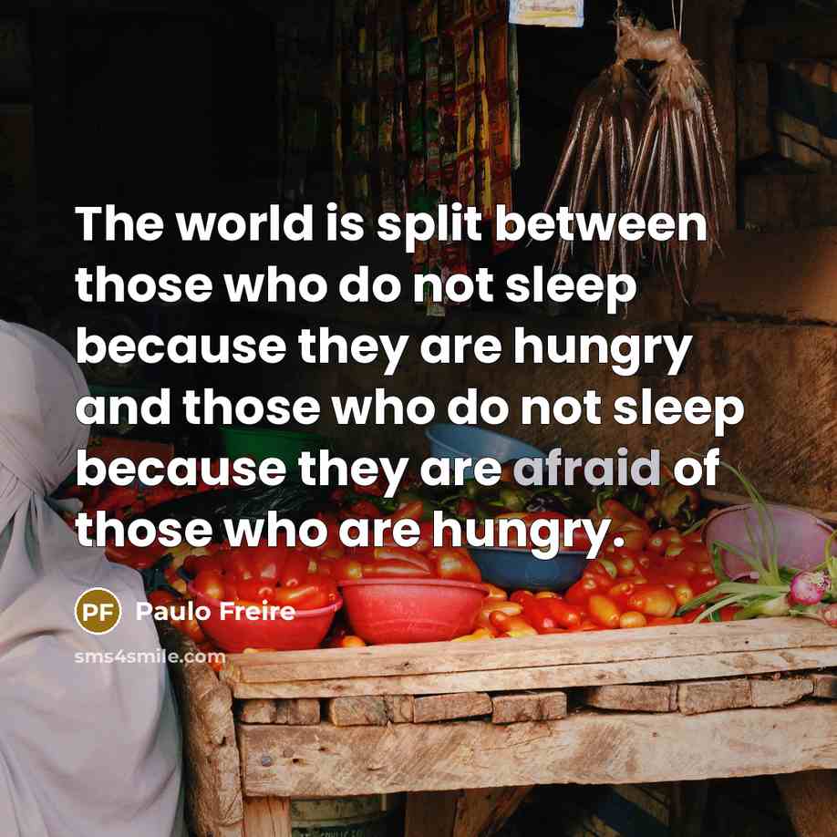 “The world is split between those who do not sleep because they are hungry and those who do not sleep because they are afraid of those who are hungry.” quote by Paulo Freire