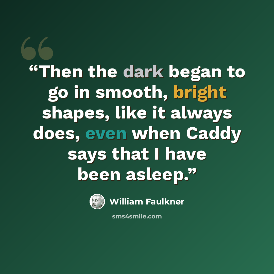 “Then the dark began to go in smooth, bright shapes, like it always does, even when Caddy says that I have been asleep.” quote by William Faulkner