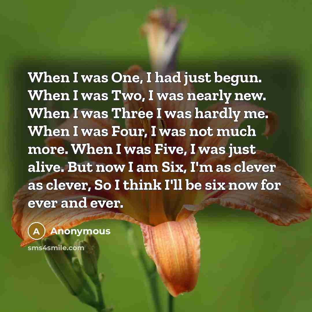 “When I was One, I had just begun. When I was Two, I was nearly new. When I was Three I was hardly me. When I was Four, I was not much more. When I was Five, I was just alive. But now I am Six, I'm as clever as clever, So I think I'll be six now for ever and ever.” quote by Anonymous