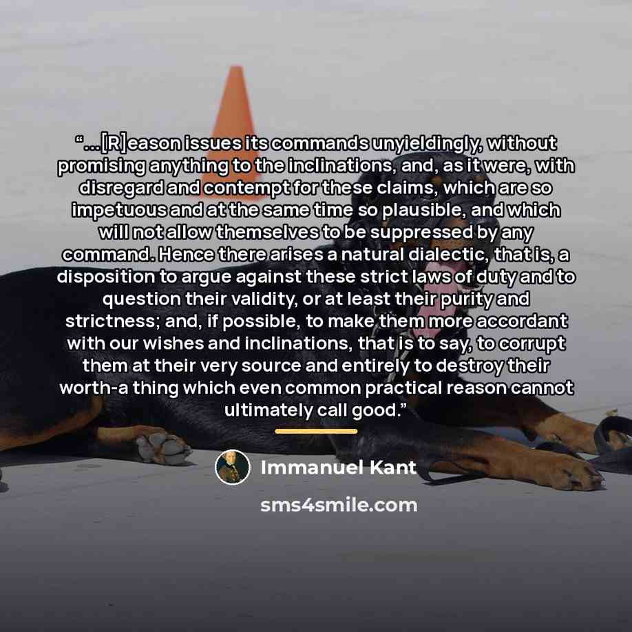 “...[R]eason issues its commands unyieldingly, without promising anything to the inclinations, and, as it were, with disregard and contempt for these claims, which are so impetuous and at the same time so plausible, and which will not allow themselves to be suppressed by any command. Hence there…” quote by Immanuel Kant