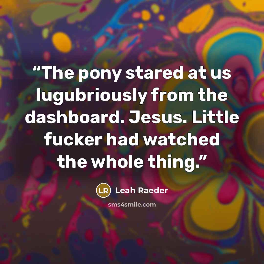 “The pony stared at us lugubriously from the dashboard. Jesus. Little fucker had watched the whole thing.” quote by Leah Raeder