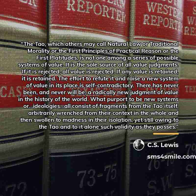 “The Tao, which others may call Natural Law or Traditional Morality or the First Principles of Practical Reason or the First Platitudes, is not one among a series of possible systems of value. It is the sole source of all value judgments. If it is rejected, all value is rejected. If any value is…” quote by C.S. Lewis