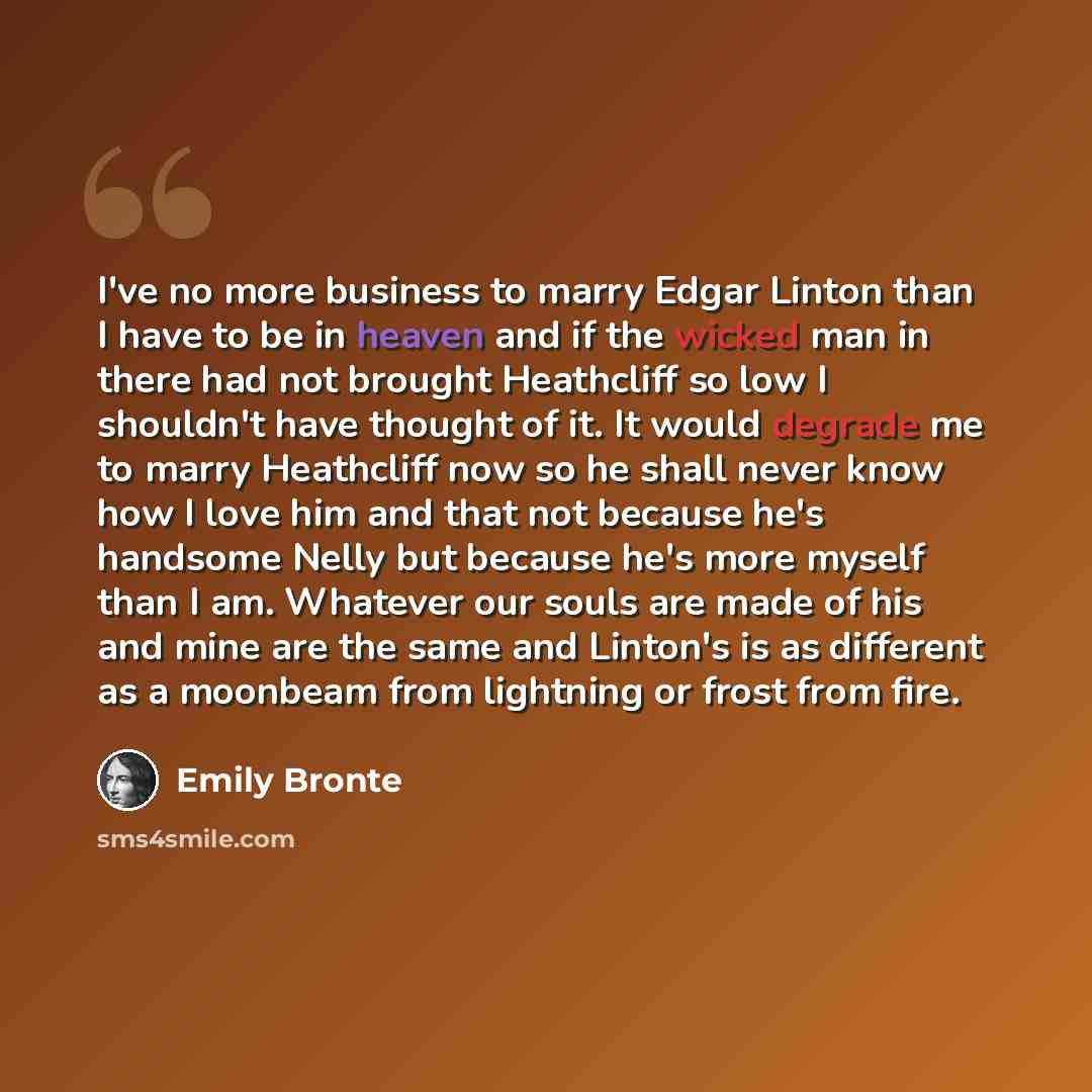 “I've no more business to marry Edgar Linton than I have to be in heaven and if the wicked man in there had not brought Heathcliff so low I shouldn't have thought of it. It would degrade me to marry Heathcliff now so he shall never know how I love him and that not because he's handsome Nelly but…” quote by Emily Bronte