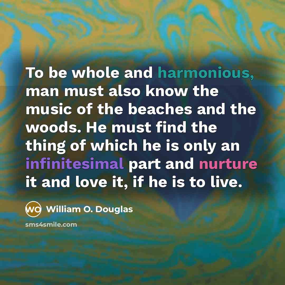 “To be whole and harmonious, man must also know the music of the beaches and the woods. He must find the thing of which he is only an infinitesimal part and nurture it and love it, if he is to live.” quote by William O. Douglas