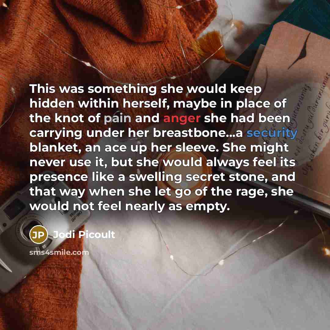 “This was something she would keep hidden within herself, maybe in place of the knot of pain and anger she had been carrying under her breastbone...a security blanket, an ace up her sleeve. She might never use it, but she would always feel its presence like a swelling secret stone, and that way…” quote by Jodi Picoult