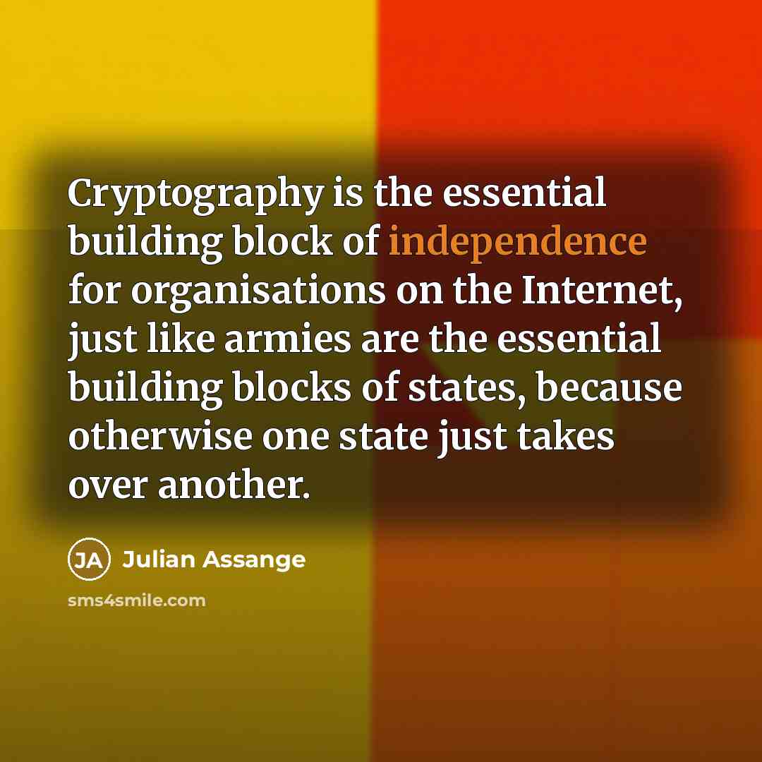 “Cryptography is the essential building block of independence for organisations on the Internet, just like armies are the essential building blocks of states, because otherwise one state just takes over another.” quote by Julian Assange