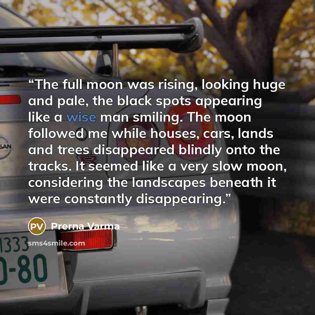 “The full moon was rising, looking huge and pale, the black spots appearing like a wise man smiling. The moon followed me while houses, cars, lands and trees disappeared blindly onto the tracks. It seemed like a very slow moon, considering the landscapes beneath it were constantly disappearing.” quote by Prerna Varma